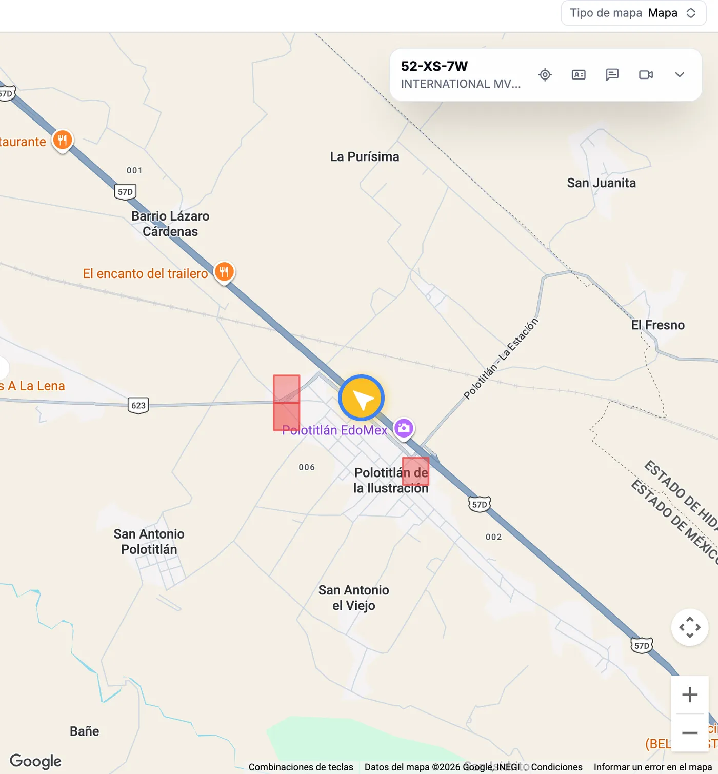 Mapa de seguimiento de GPS UNO con geocercas dibujadas como rectángulos rojos y la unidad seleccionada en carretera