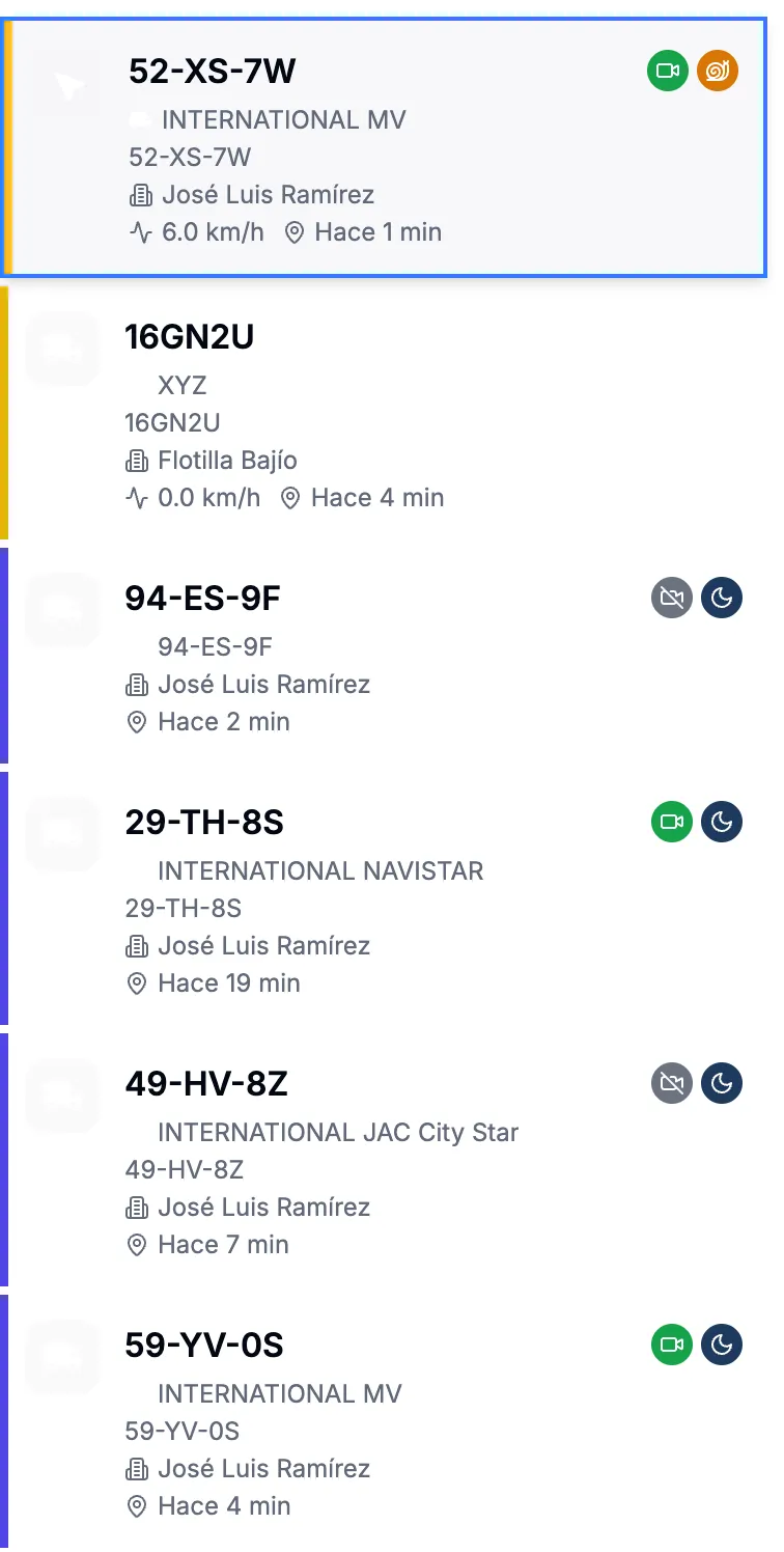 Lista de unidades con placa, modelo, propietario, velocidad y hora del último reporte