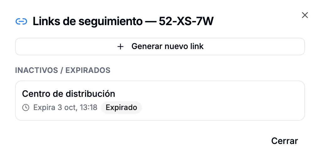 Panel Links de seguimiento con el botón Generar nuevo link y un enlace expirado