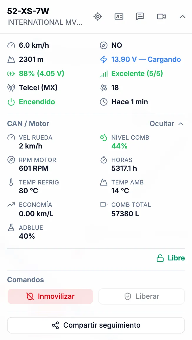 Ficha de la unidad en GPS UNO con velocidad, altitud, voltaje, señal, motor encendido, datos del CAN y los botones Inmovilizar y Liberar