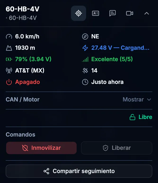 Ficha de la unidad en modo oscuro con lecturas de velocidad, altitud, voltaje, señal y motor